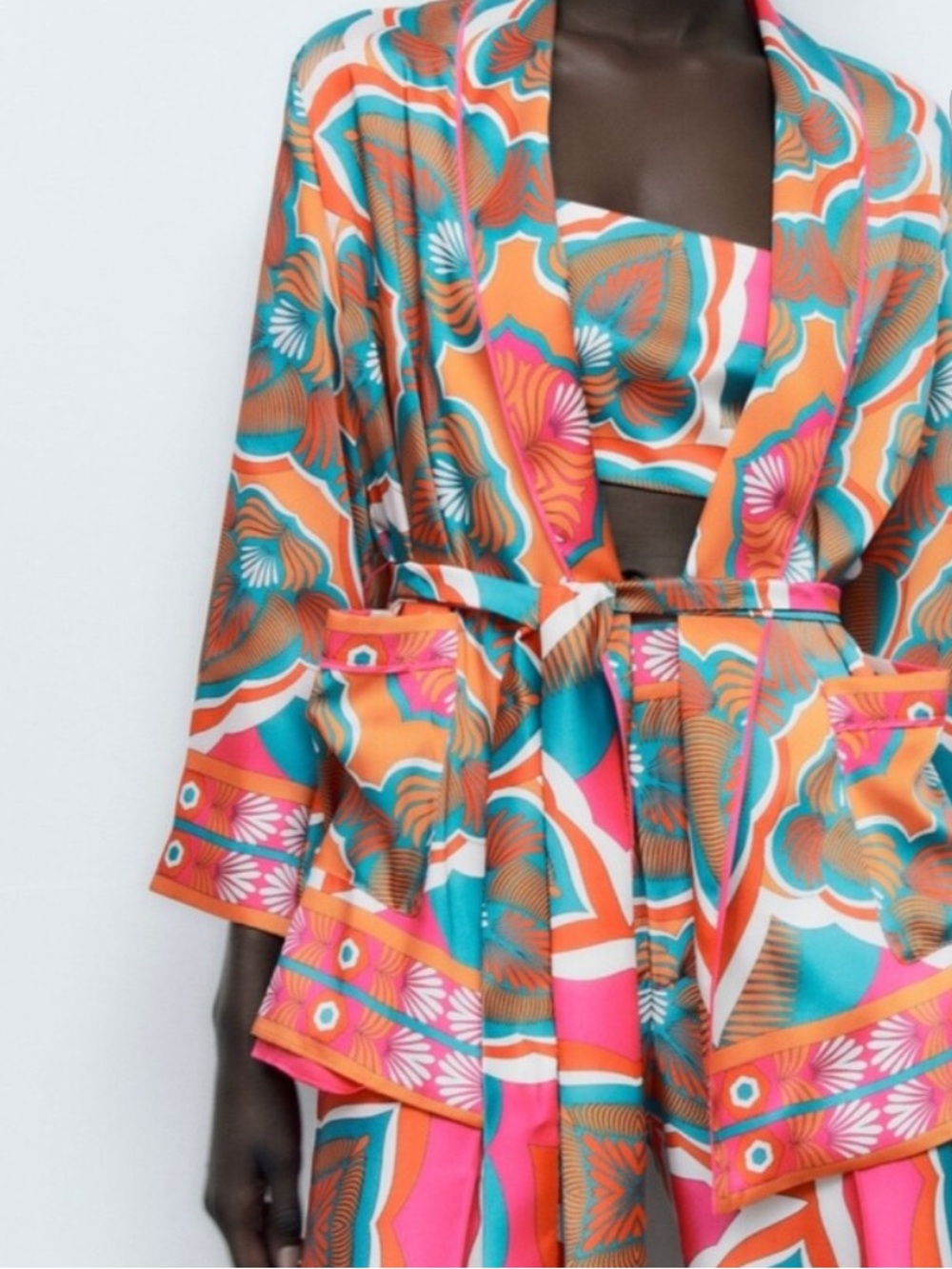 Zara Orange Teal & Pink Floral-Print Robe (No Belt )